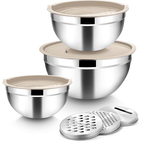 Lot de 3 bols mélangeurs en acier inoxydable avec couvercle hermétique et 3 râpes - Saladiers pour pâtisserie/cuisine/préparation, empilables et passent au lave-vaisselle - 4,5 l/2,7 l/1,5 l (1/5)