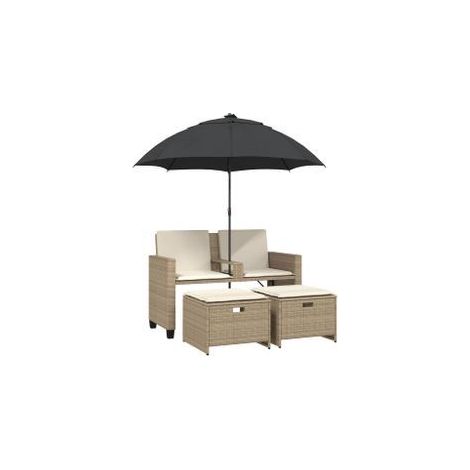 Canapé de jardin 2 places avec parasol et tabourets beige rotin (1/5)