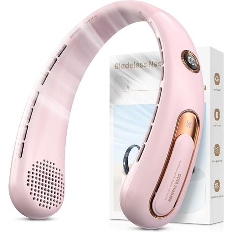 Ventilateur de Cou Portable, Ventilateur USB Rechargeable 4000mAh Max 15H, Ventilateur Silencieux sans Pale, 3 Vitesses et Affichage LED, Petit Ventilo Puissant 360°, pour Bureau Sport Voyage Camping