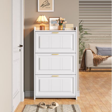 Meuble à chaussures en MDF et panneaux de particules blanc 70 x 24 x 120 cm, 3 portes abattantes, 6 compartiments (1/5)