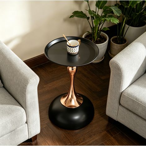 Mesa auxiliar redonda 38 cm negro y dorado de acero al carbono con bandeja metálica (1/5)