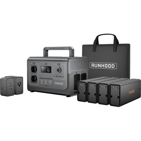 Station d'Energie RUNHOOD HE1200 - 1200 W Sinus Pur - 4 EB324 - 648 Wh - Recharge Solaire et AC - Modulaire et Echange a Chaud (1/5)