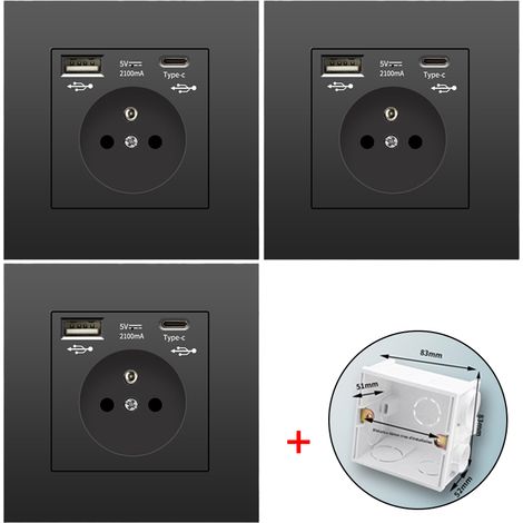 Lot de 3 prises murales avec USB et Type-C, 5 V 2,1 A, norme UE, prise USB encastrée, multiprise avec boîtier de montage, 110-250 V (noir) (1/5)
