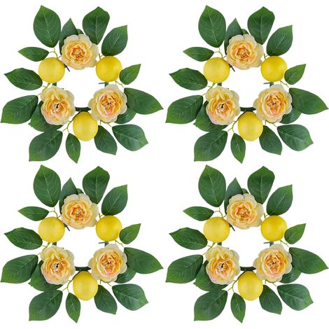 [Frische-Blumen-Variante] Zitronenduftkerzen mit frischen Blumen (4er-Set), Tischdekoration für den Tagesgebrauch, künstliche Kerzenhalter aus Blumen, dekorativer Blumenkranz (1/3)