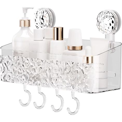 Estante de ducha con ventosas, transparente, no requiere taladrar, para baño, cocina, sala de estar, incluye 4 ganchos.