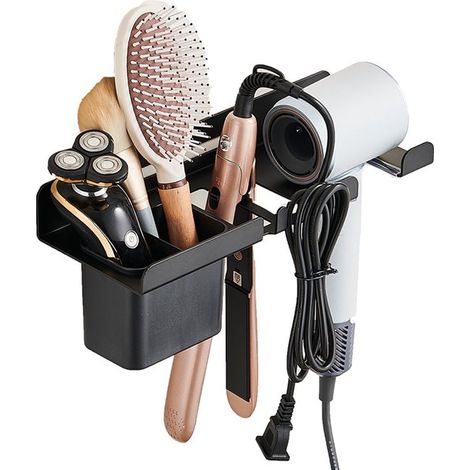 Schwarzer Metall-Halter für Haartrockner und Lockenstab mit Ablagefach – Wandmontage, universell für Haartrockner und Glätteisen, Badezimmer-Organizer (1/2)