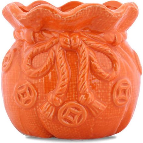 Vaso in ceramica con salvadanaio integrato, colore arancione.