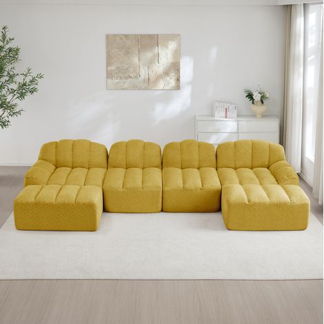 Sofá modular en U 366x165x79 cm amarillo en fleece granulado con 2 otomanas y asiento profundo (1/5)