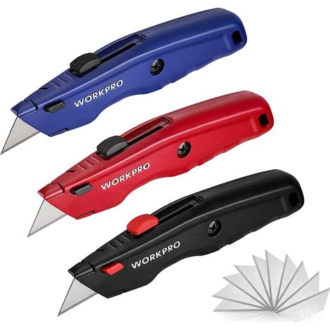 WORKPRO Cutter Universel avec Mécanisme de Changement Rapide, Cutter Professionnel avec 4 Positions Réglables et 10 Lames de Rechange en SK5, Cutter à Moquette avec Manche en Aluminium Antidérapant (1/5)