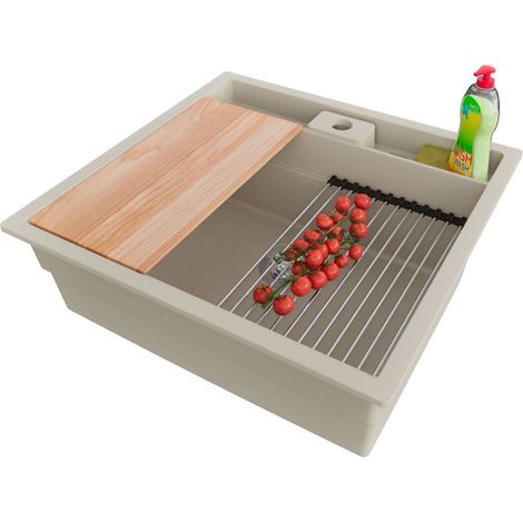 PRIMAGRAN Evier Cuisine en Granit 56x54cm,Lavabo 1 bac + Kit de Vidage + Accessoires, Évier à Encastrer au meuble 60cm - Bergen Pocket, Beige (1/5)