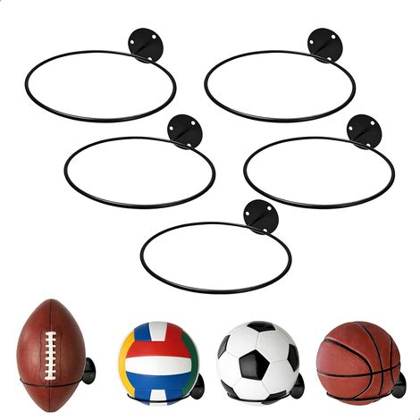 Support Ballon Foot Basket Rugby Volley-Ball,5 Pièces Métal Porte Ballon avec Vis,Support Mural Ballon Rangement Présentation,Noir (1/5)