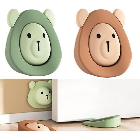 Butée De Porte - ours - cale-porte autocollant - en silicone - Marron, vert - mural - rond (1/4)