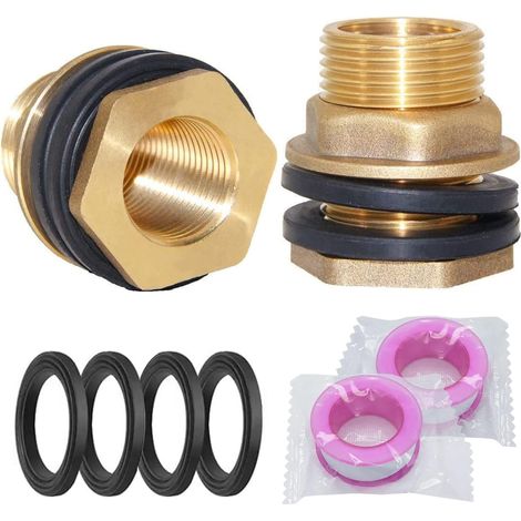 2 x Brass Wall Tap 3/4 Inch and Interior 1/2 Inch Rainwater Collector Tap, Rainwater Collector Connector with Gaskets and PTFE Tapes (1/5)