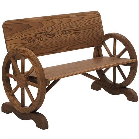 Banc de jardin 3 places en bois traité avec roues de charrette (1/5)
