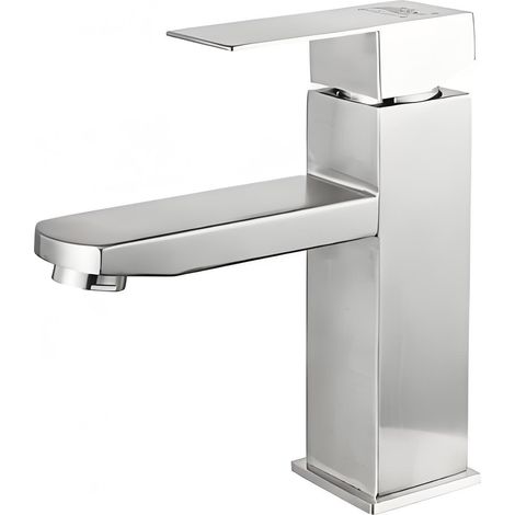 1 Mitigeur Lavabo, Design Carré, Acier Inox, Finition Brossée, Bec Fixe, Économie d'Eau, Salle de Bain (1/5)