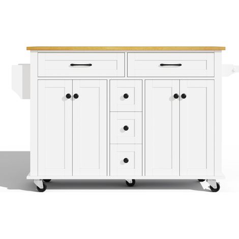 Isla de cocina móvil de MDF blanco y natural con encimera extensible de 140 cm (1/5)