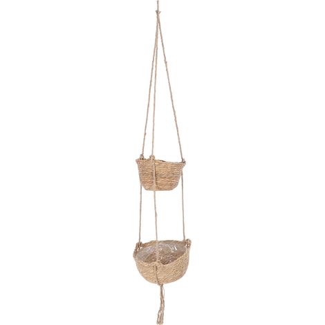 Panier suspendu tressé à 2 niveaux en corde de chanvre, panier à fruits suspendu, panier à fleurs et plantes murales, décoration polyvalente pour salon et chambre (1/5)