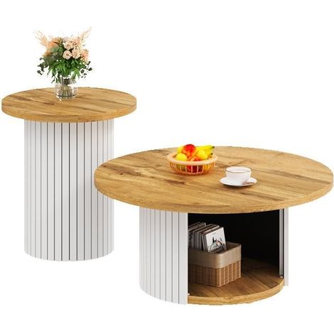 Table basse - WESTYLE - double plateau rond - Lot de 2 - MDF aspect bois - Style scandinave (1/5)