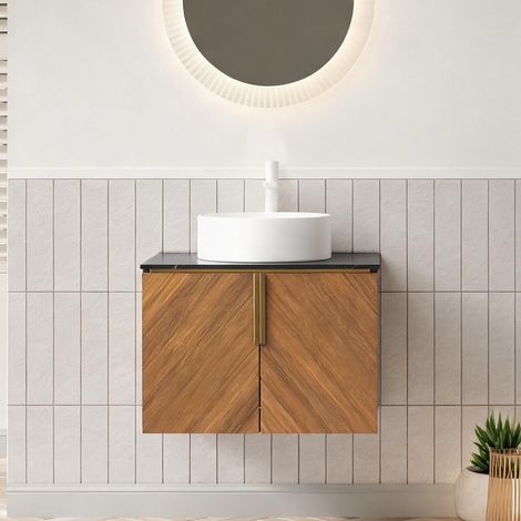 Meuble sous vasque suspendu bois effet chêne et vasque ronde (1/5)
