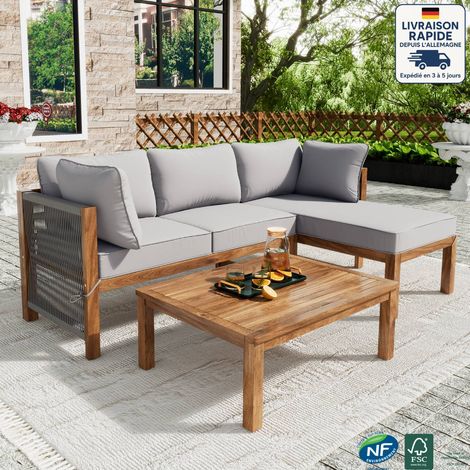 Salon d’extérieur 3 pièces – 2 canapés + 1 table rectangulaire, avec pieds ajustables – 4 places – Aluminium – Gris – Parfait pour terrasse, balcon ou véranda (1/5)
