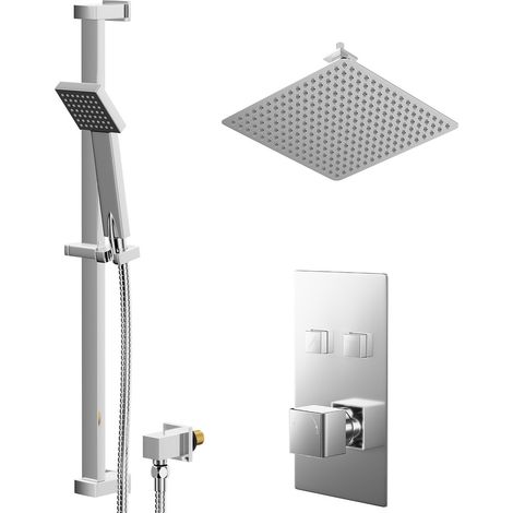 Cubix Polished Chrome Concealed Push Button Twin Shower Valve and 400mm Thin Square Fixed Head with 150mm Ceiling Arm and Thames Slide Rail Kit with Square Elbow - 2 Outlet (1/5)