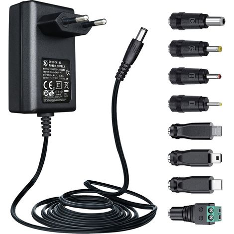 Adaptateur d'alimentation 5 V 2 A 1,8 M, Chargeur Mural AC vers DC 5 V 2000 mA 10 W avec 8 Embouts pour hub USB, Moniteur bébé, boîtier TV, Appareil Photo, Haut-Parleur (1/5)