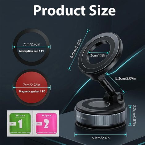Support Telephone Voiture Magnetique Ventouse Support Téléphone Voiture Magnétique avec Rotation 360° et Bras Pliable, Accroche Telephone Voiture Aimant pour iPhone 16 15 14, Huawei Samsung (1/2)