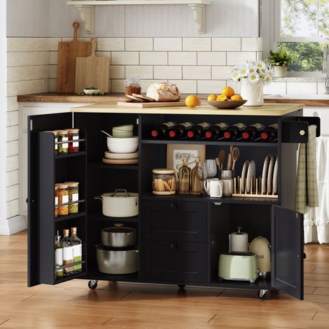 Îlot de cuisine mobile avec plan de travail rabattable, chariot de cuisine, armoire de rangement, buffet avec porte-serviettes, tiroir, casier à vin intégré et roulettes verrouillables, 104 × 45 (69 (1/5)