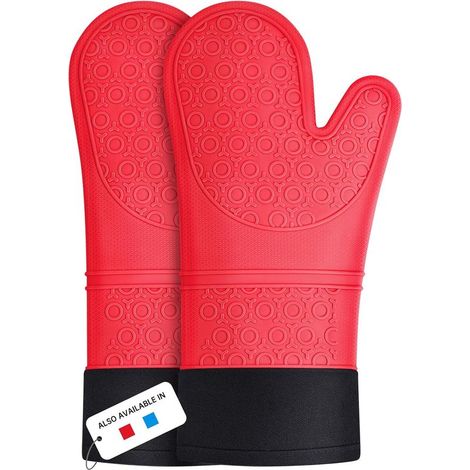 Heat Resistant Silicone Oven Gloves, Extra Long, Non-Slip (Red, 1 Pair) (1/5)