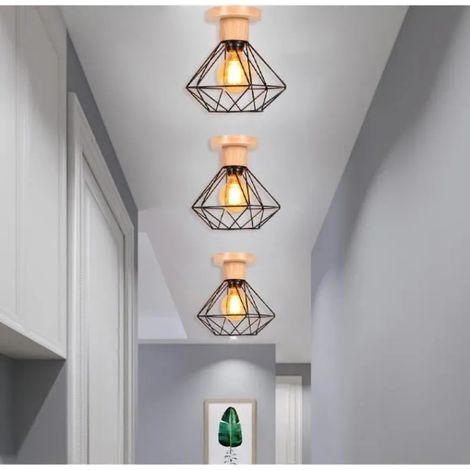 U-Do 3Pcs Plafonnier Industriel en Fer Bois design Vintage Lampe de Plafonde Luminaire Brillant E27 40W pour Cuisine Bureau Salon (1/4)