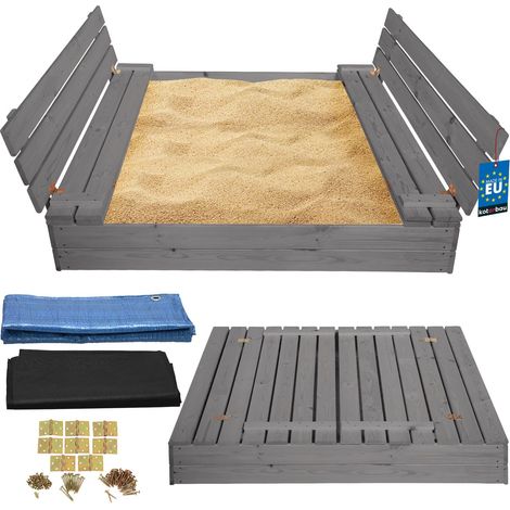 KOTARBAU® Bac à Sable Enfant Extérieur Bois 140x140 cm Gris avec Couvercle et Bancs Bac à Sable Refermable Imprégné Avec Tissu Anti-Mauvaises Herbes (1/5)