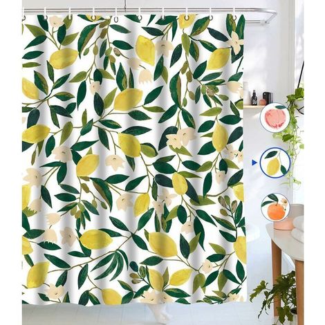 Lemon Yellow Waterproof Fabric Shower Curtain, 180 x 180 cm, with 12 Hooks (1/5)