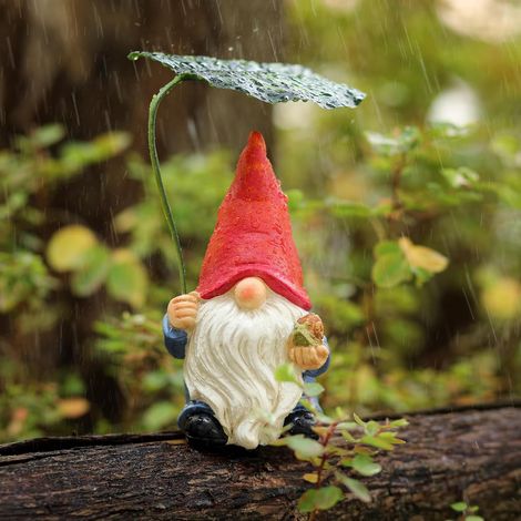 Statuette décorative de gnome féminin avec parasol en forme de feuille, figurine de 16,5 cm pour l'intérieur et l'extérieur (terrasse, jardin, pelouse), idéale pour les amateurs de gnomes et de jardin