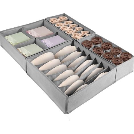 Trintion Foldable Drawer Organisers Clothes, Storage Box Wardrobe Draw Organizer With Partition for Underwear, Bras, Socks, Ties, Scarves, Grey (4) (1/5)