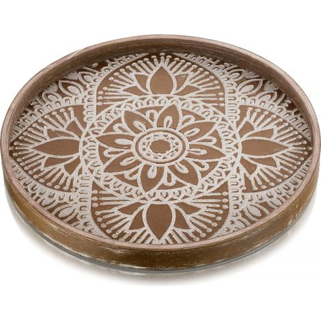 Plateau Bois Decoratif Rond: Plats et Plateaux de Service Rustique Boho Petit Marron Plateau Cafe Table Vintage Deco Plat pour Repas Canapé Cuisine, 30cm (1/5)