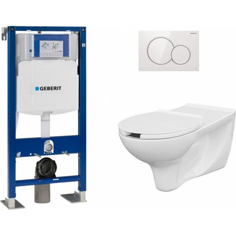 Pack WC suspendu Geberit UP320 – Cuvette rallongée PMR sans bride – Abattant en duroplast – Plaque de déclenchement Sigma Blanc (1/5)