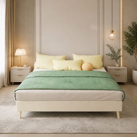 Letto 140 x 200 cm a base bassa, velluto olandese beige DESVIAE (1/5)