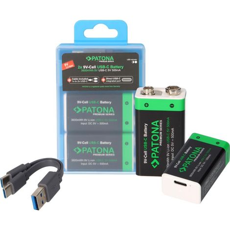 2x 9 Volt Block Premium Akkus 3,6Wh mit USB-C und Ladekabel (1/5)