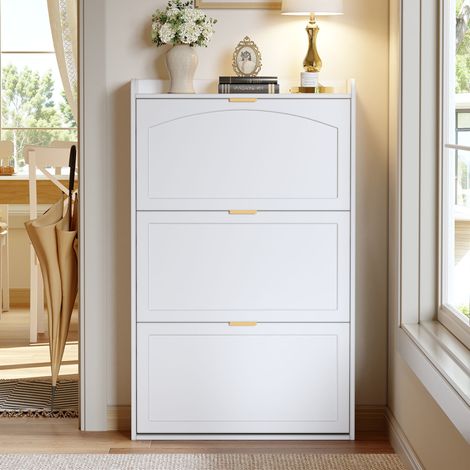 Zapatero 76x23x118 cm blanco en tablero de partículas con 3 puertas abatibles y diseño estrecho (1/5)