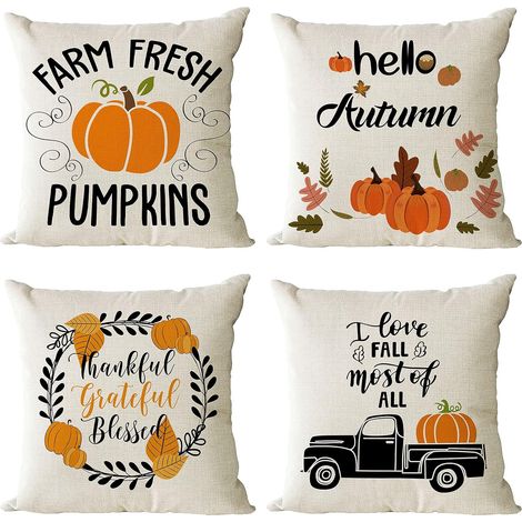 Juego de 4 fundas de cojín decorativas de otoño con estampado de calabazas, cuadradas, de 45 x 45 cm. Ideales para otoño, Acción de Gracias y Halloween. (1/5)