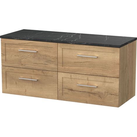 Stonnall Traditional Wall Hung 4 Drawer Vanity Unit with Laminate Worktop, 1200mm, Autumn Oak (1/4)