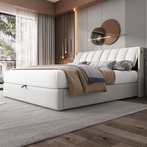 Cama doble 140x200cm cabecero regulable iluminación LED mando a distancia puerto USB PU color blanco (Sin colchón) (1/5)