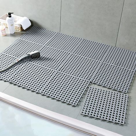 Lot de 10 Dalles de sol de emboîtables, Tapis de bain antidérapant en assembler de forme carrée 3030cm avec trous de drainage (gris) (1/5)