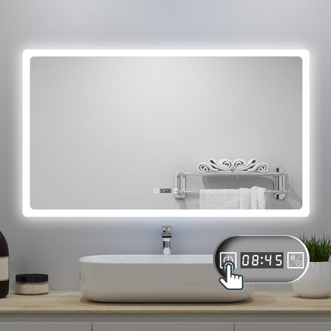LED Badezimmer Spiegel 120x70cm mit Uhr 3 Lichtfarbe Dimmbar Beschlagfrei Speicherfunktion Horizontale Installation (1/5)