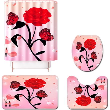 Rideau de douche rose imperméable pour la Saint-Valentin, ensemble de quatre pièces avec tapis de toilette et rideau de salle de bain (1/4)