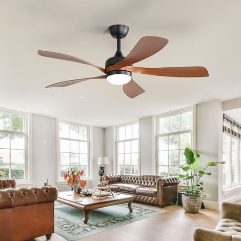 Ventilateur de plafond moderne Sofucor 132 cm, intérieur/extérieur, avec éclairage et télécommande, marron