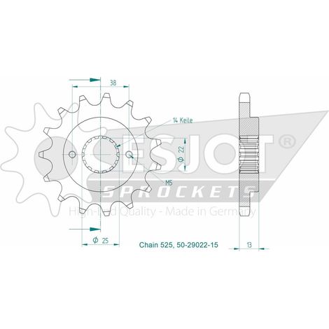 Pignon Cagiva-Ducati - 525 - 15 Dents - Similaire JTF740 - Made in Germany
