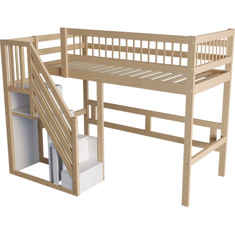 Kinder-Hochbett 90x200 cm aus Naturholz mit Stauraumtreppe MODENUIT (1/5)