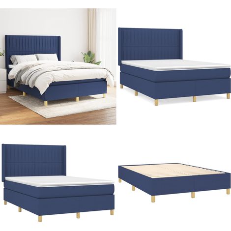 Sommier à lattes de lit avec matelas Bleu 140x190 cm Tissu - Lit Plateforme - Lit Double - Literie - Matelas Ressorts Ensachés - Têted Lit Ajustable - Home & Living (1/5)