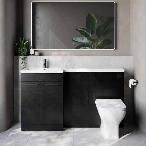 Napoli 390 Nero Oak 1500mm 3 Door Vanity Unit Toilet Suite with Left Hand Square Lucia Basin - 1500mm - Matt Black 160mm HandleWith Kingston Toilet Pan and Seat